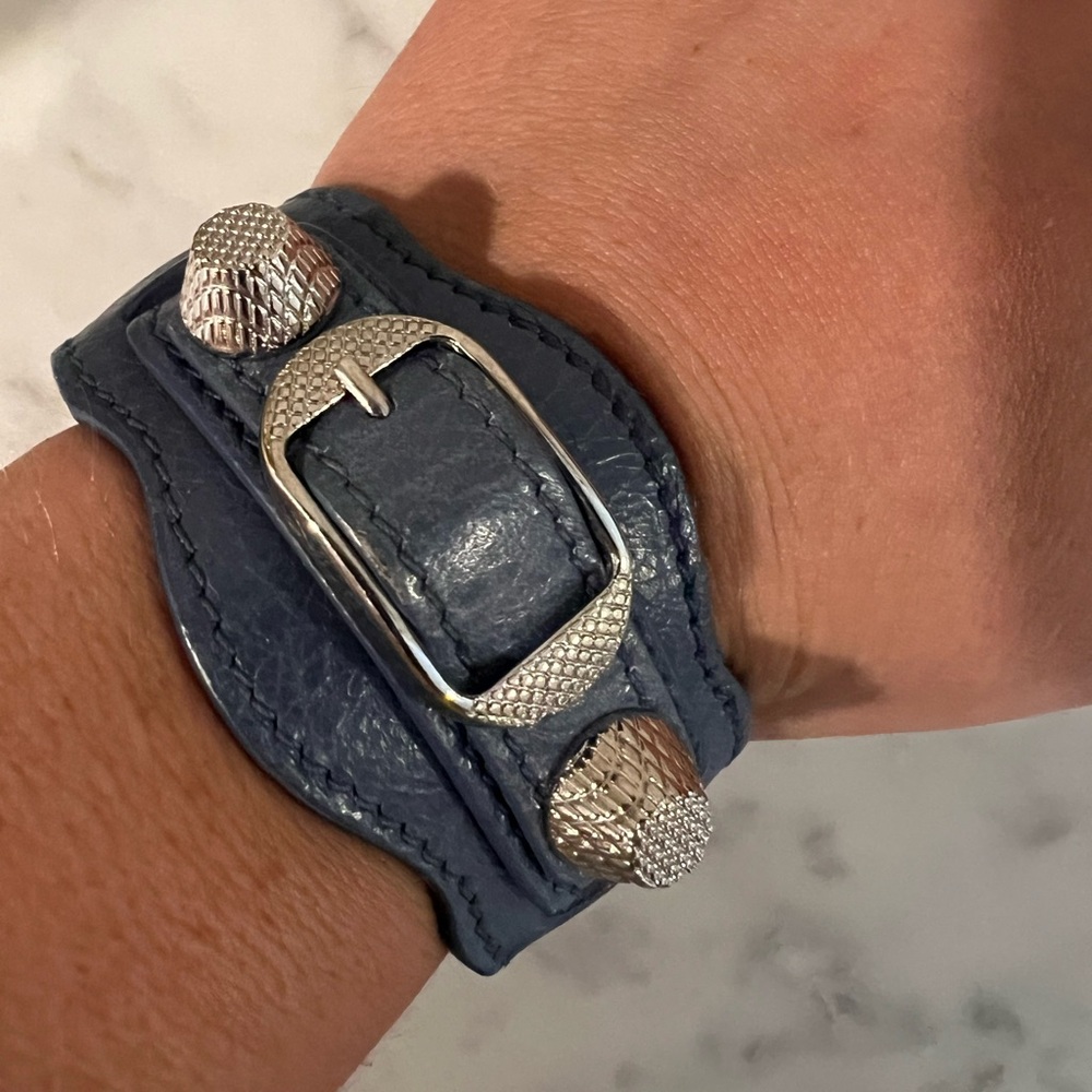 AUTHENTIC* Balenciaga Single Strap Leather Bracelet in Blue with Silver Hardware